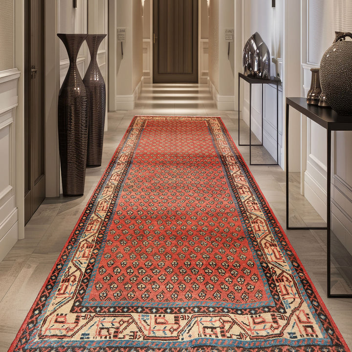 Runner Rust, Ivory, Blue Color Hand Knotted Vintage Gul Wool Traditional Oriental Rug