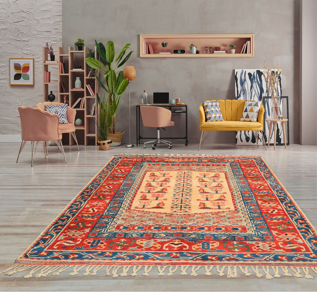 6x7 Ivory, Orange, Aqua Color Hand Knotted Turkish Kula Wool Traditional Oriental Rug