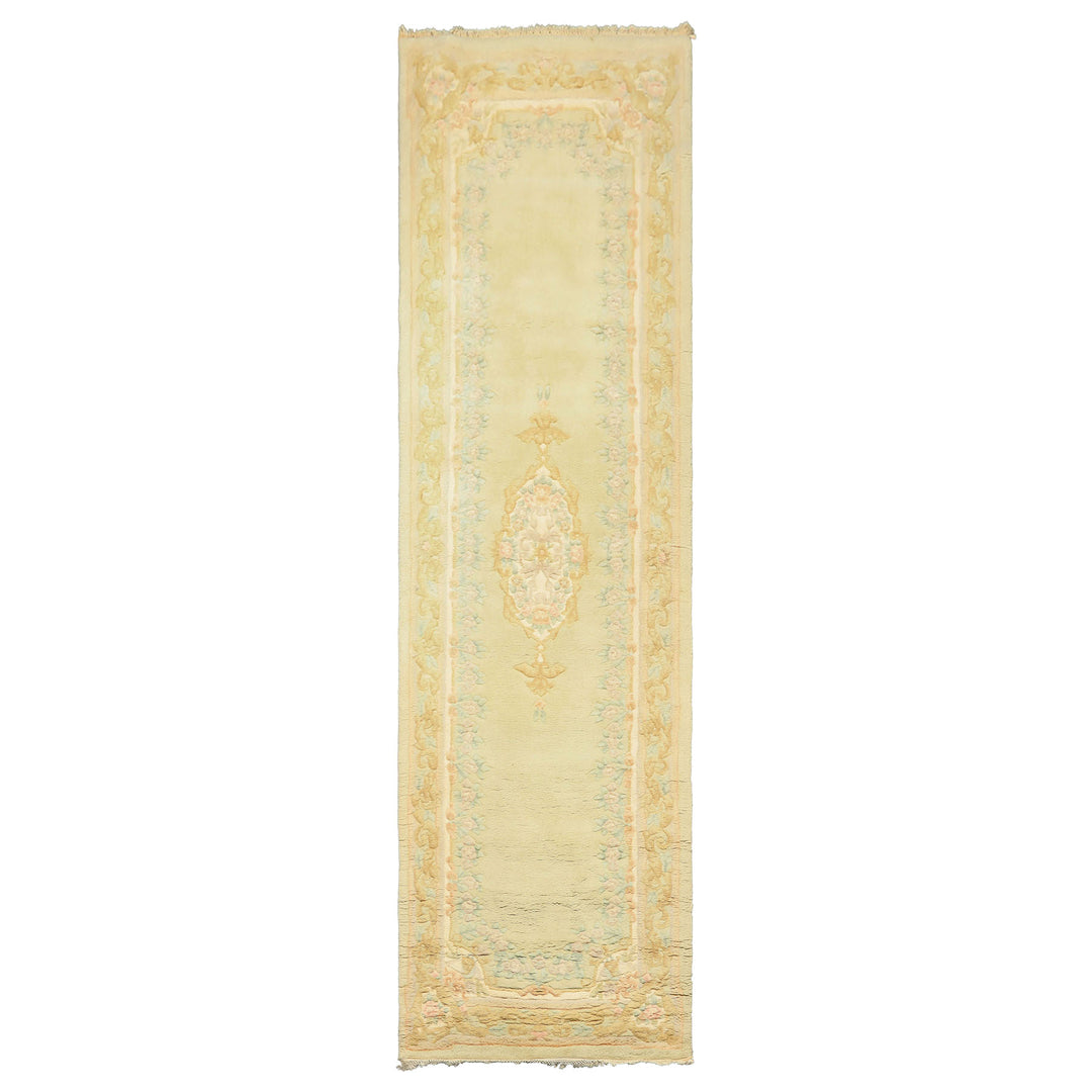 Runner Faded Mint, Aqua, Blush Color Hand Knotted French Aubusson savonnerie Wool Traditional Oriental Rug