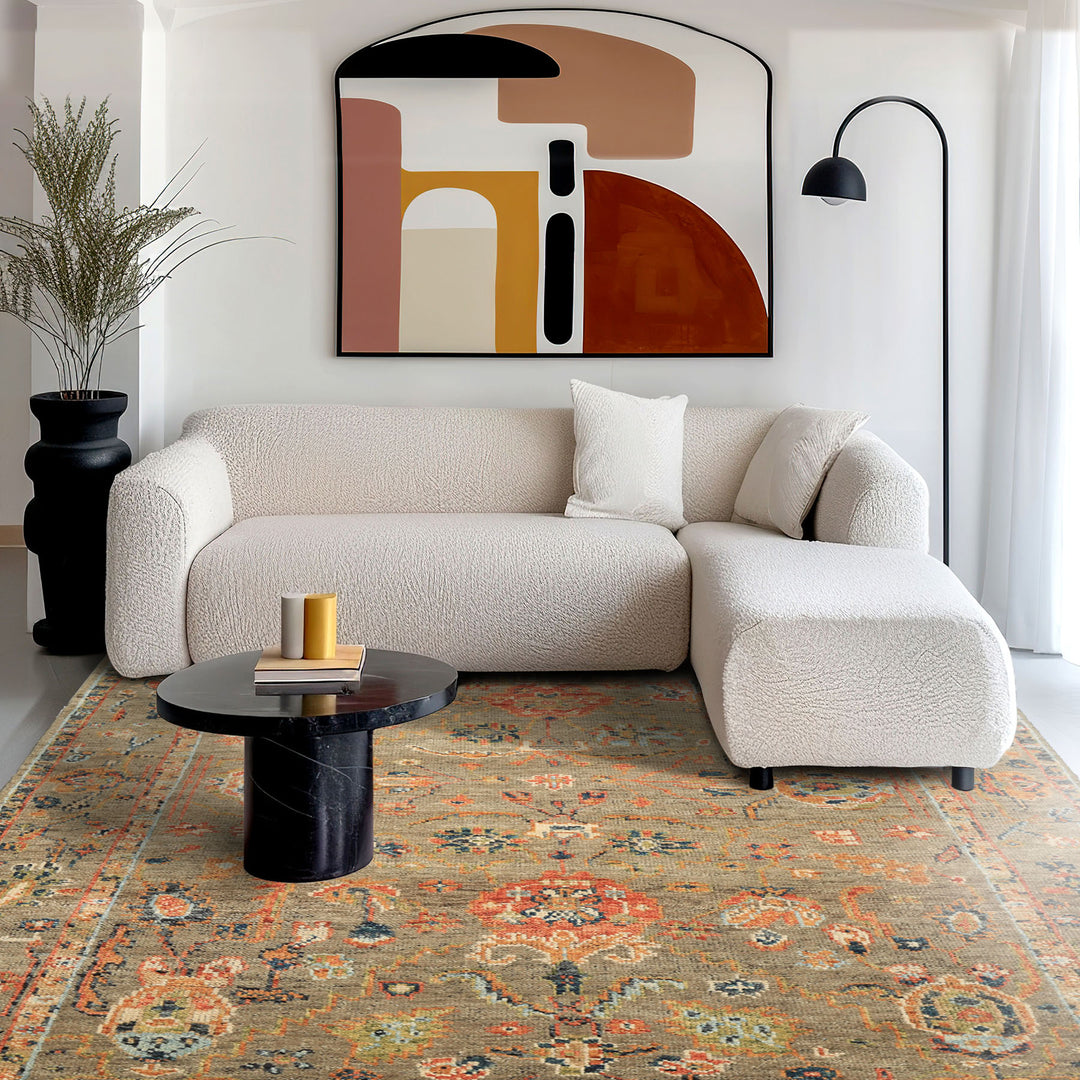 6x8'3 Moss, Burnt Orange, Gold Color Hand Knotted Oushak Wool Arts & Crafts Oriental Rug