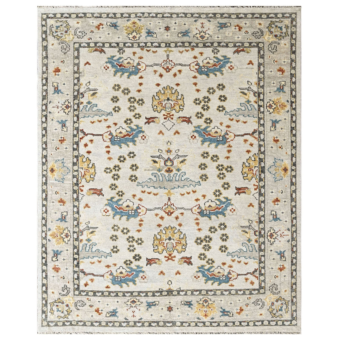 8x10 Ivory, Gray, Gold Color Hand Knotted Oushak Wool Transitional Oriental Rug