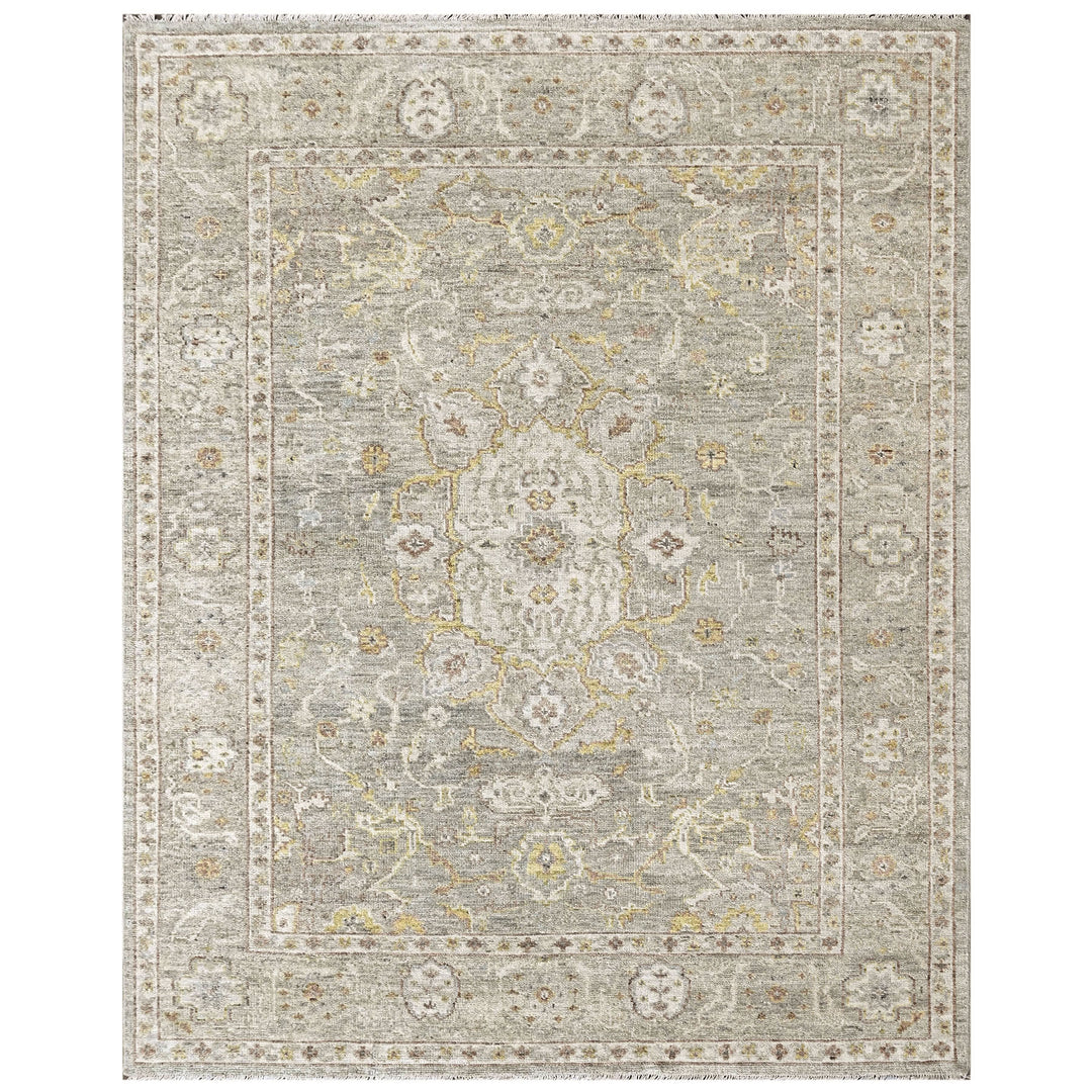9x12 Gray, Light Gold, Moss Color Hand Knotted Oushak Wool Transitional Oriental Rug