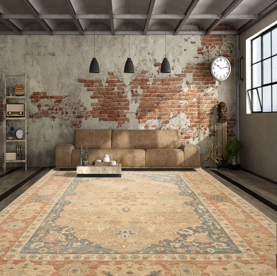 9x12 Beige, Tan, Blush Color Hand Knotted Oushak Wool Arts & Crafts Oriental Rug