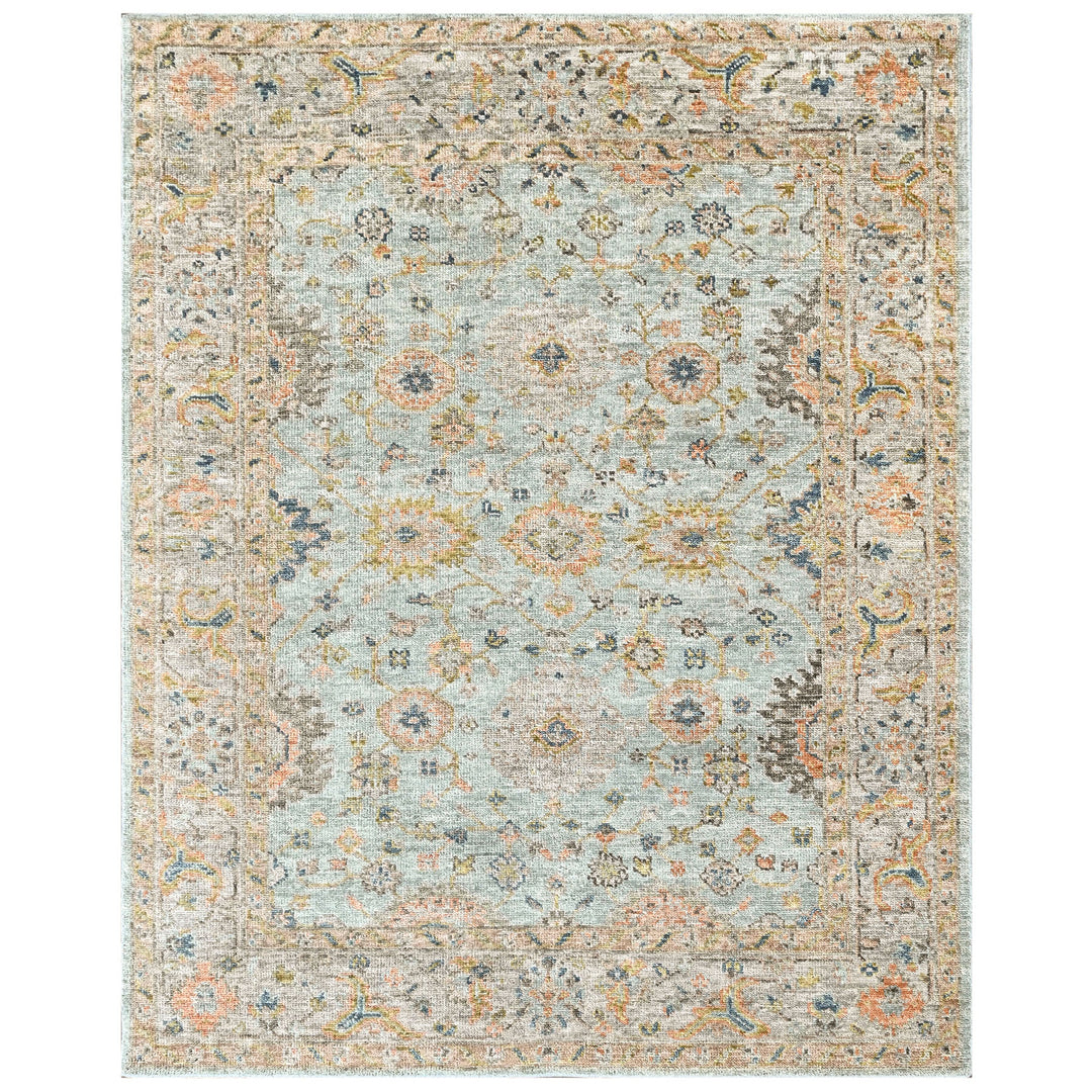 8x10 Aqua, Gray, Peach Color Hand Knotted Oushak Wool Transitional Oriental Rug