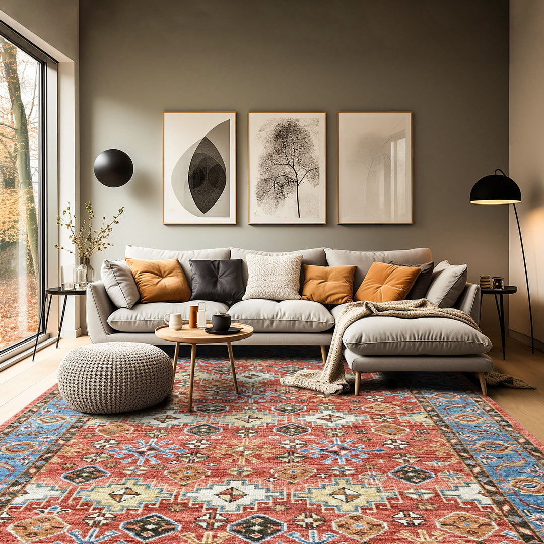 Multi Size Rust Blue Aqua Color Hand Knotted Oushak Wool Transitional Oriental Rug