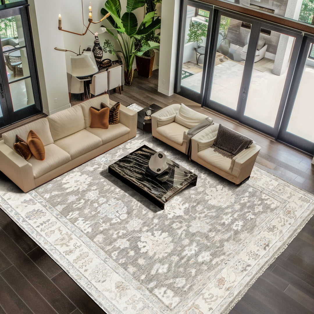 Multi Size Gray Slate Ivory Color Hand Knotted Oushak Wool Transitional Oriental Rug
