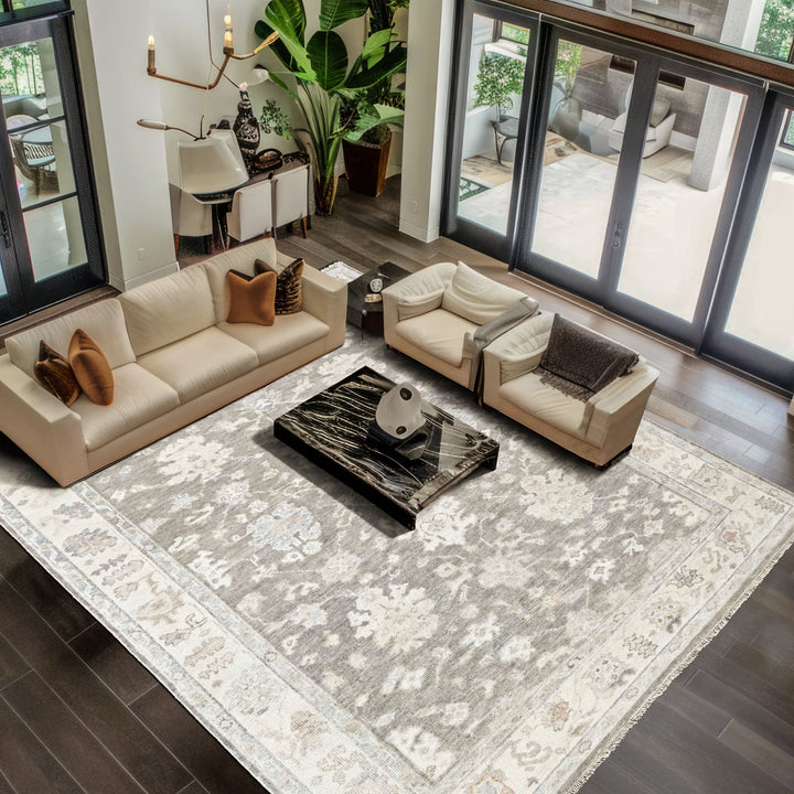 Multi Size Gray Slate Ivory Color Hand Knotted Oushak Wool Transitional Oriental Rug