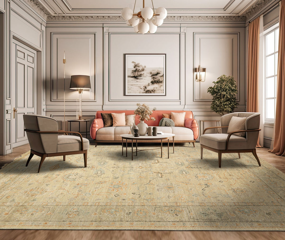 8'6x11'6 Faded Mint, Beige, Peach Color Hand Knotted Oushak Wool Arts & Crafts Oriental Rug