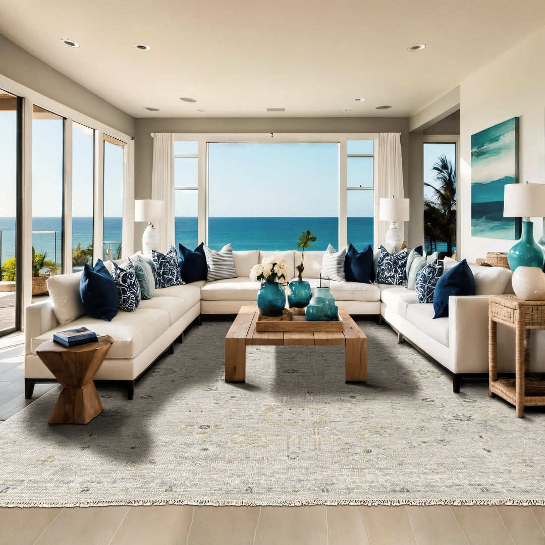 Multi Size Gray Ivory Multi Color Hand Knotted Oushak Wool Transitional Oriental Rug