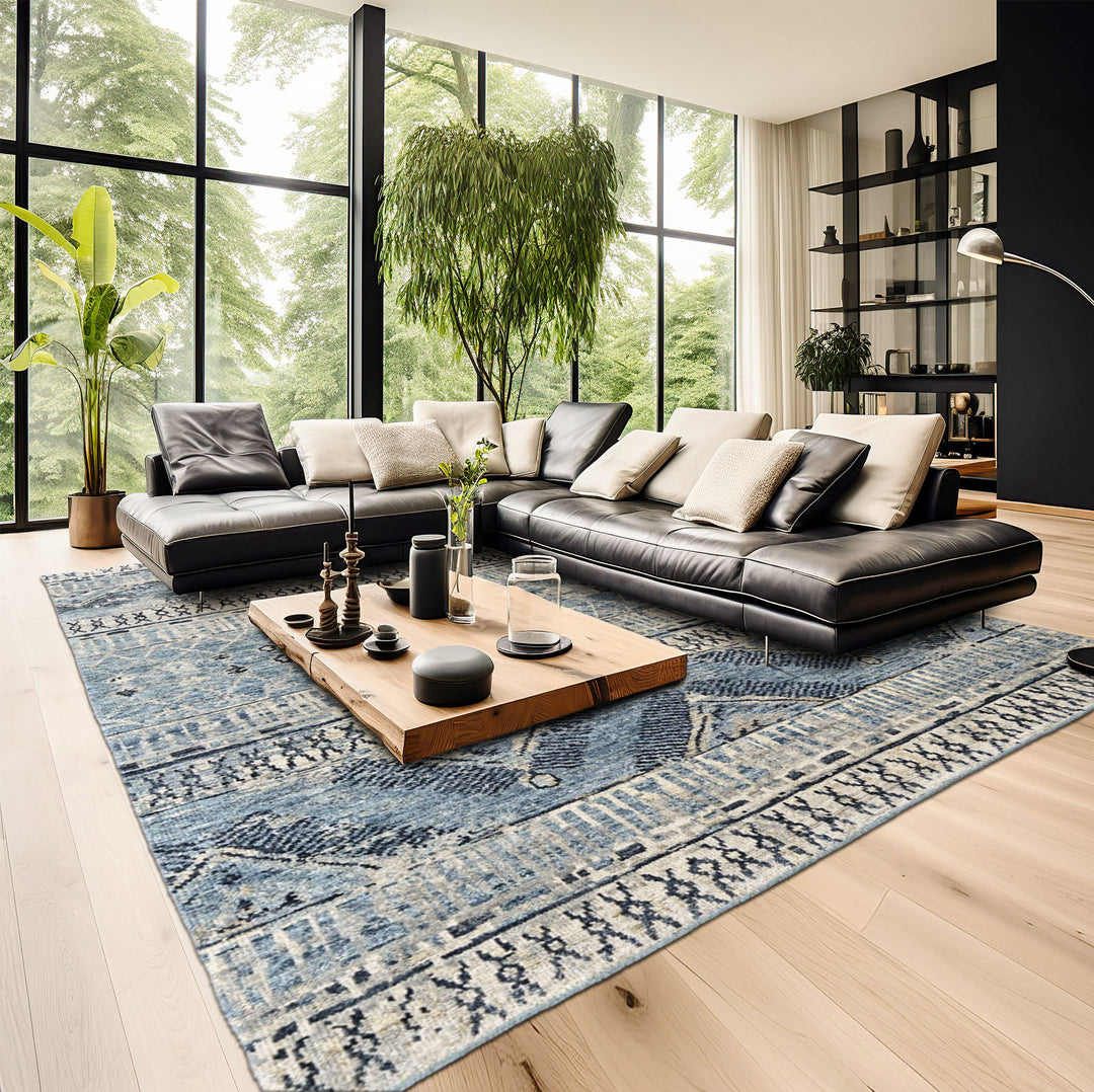 Multi Size Blue Gray Navy Color Hand Knotted Oushak Wool  Oriental Rug