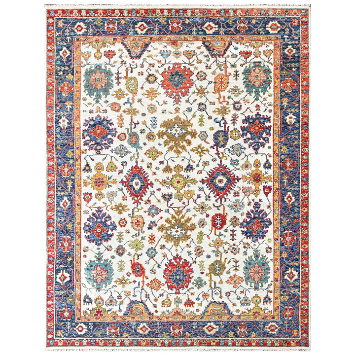 9x12 Beige, Blue, Red Color Hand Knotted Oushak Wool Arts and Crafts Oriental Rug