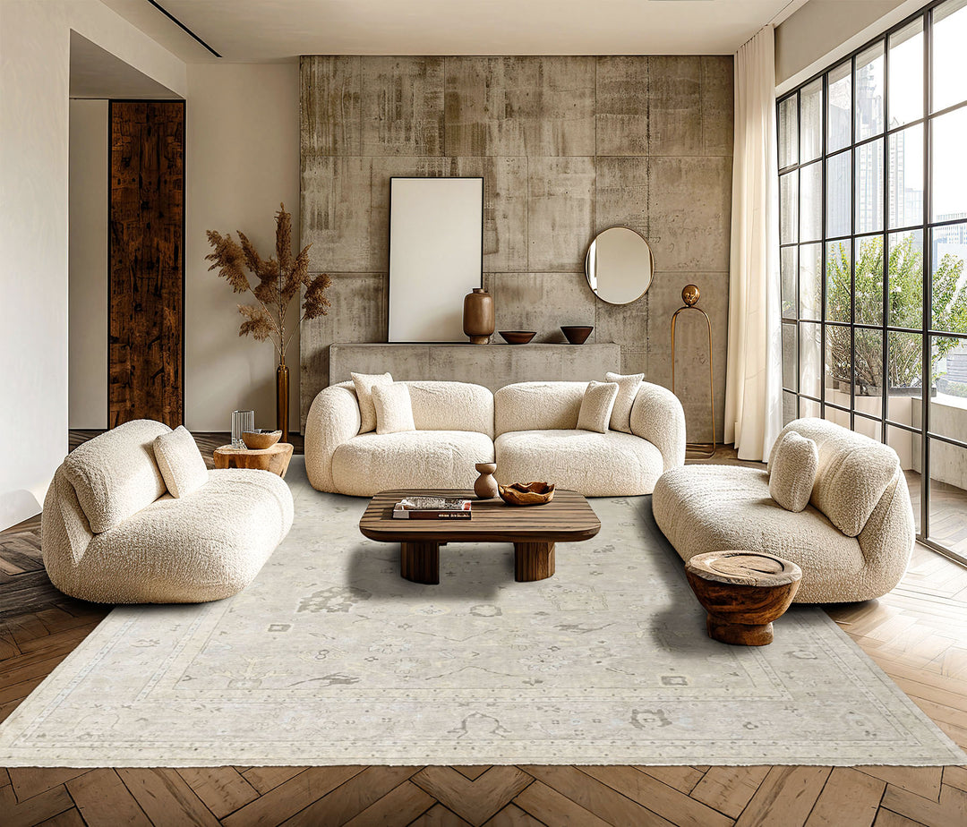 Multi Size Beige Gray Muted Earth Tones Color Hand Knotted Oushak Wool Transitional Oriental Rug