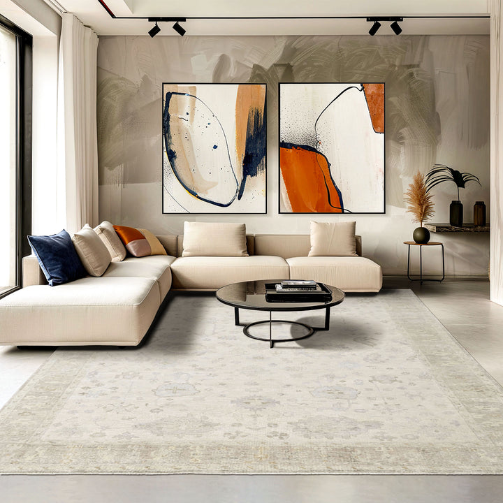 Multi Size Beige Taupe Gray Color Hand Knotted Oushak Wool Transitional Oriental Rug