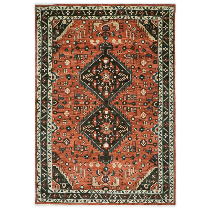 10x14 Burnt Orange, Dark Green, Teal Color Hand Knotted Oushak Wool  Oriental Rug