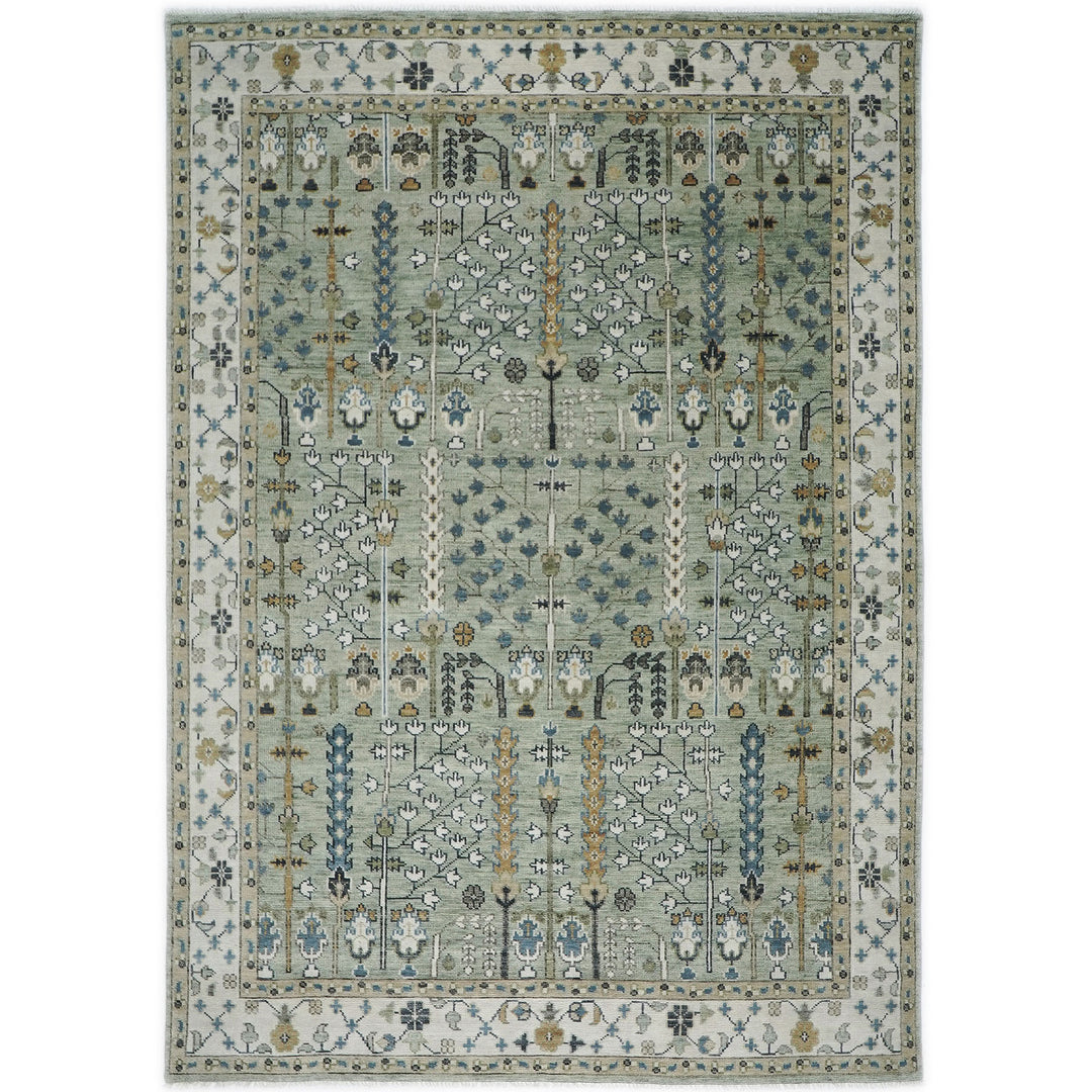 10x14 Mint, Ivory, Tan Color Hand Knotted Oushak Wool Transitional Oriental Rug
