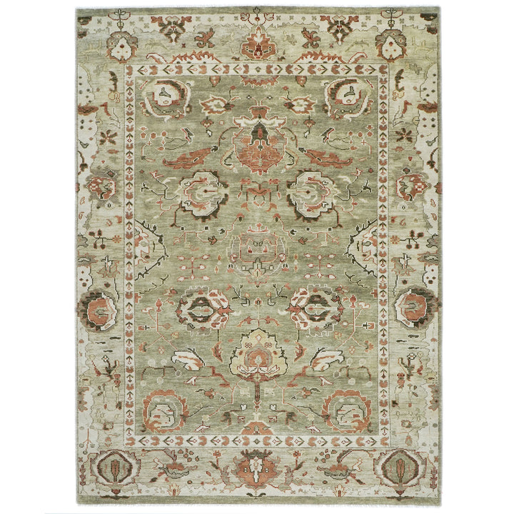 10x14 Green, Ivory, Rust Color Hand Knotted Oushak Wool Transitional Oriental Rug