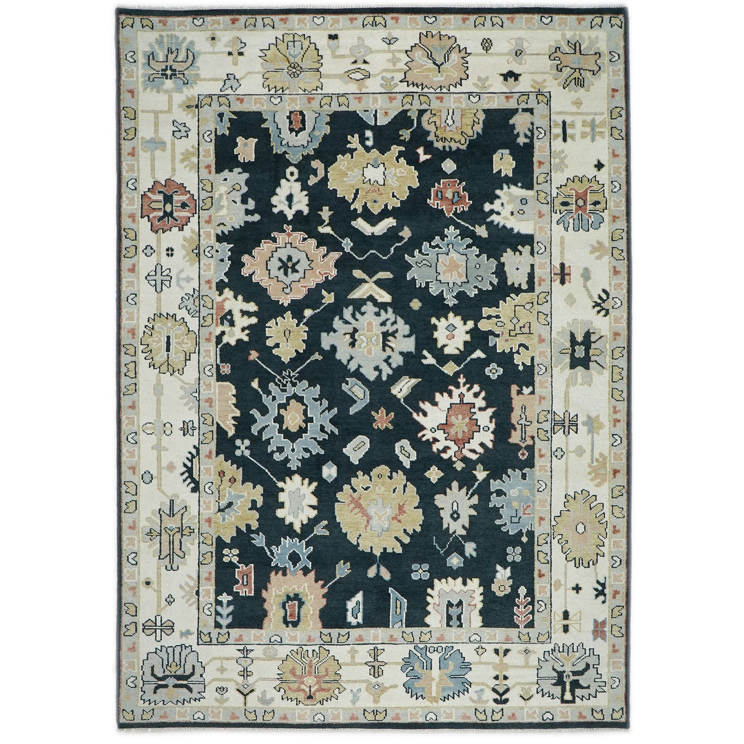 10x14 Dark Blue, Ivory, Green Color Hand Knotted Oushak Wool Arts and Crafts Oriental Rug