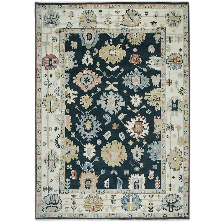 10x14 Dark Blue, Ivory, Green Color Hand Knotted Oushak Wool Arts and Crafts Oriental Rug
