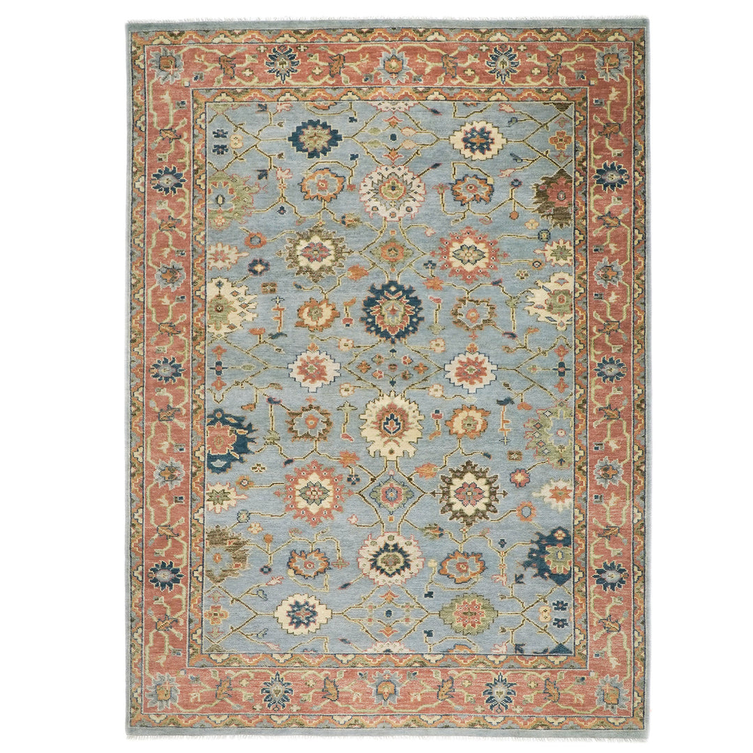 10x14 Blue, Rose, Ivory Color Hand Knotted Oushak Wool Arts and Crafts Oriental Rug