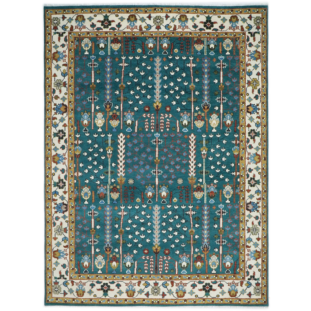 10x14 Teal, Ivory, Gold Color Hand Knotted Oushak Wool Transitional Oriental Rug