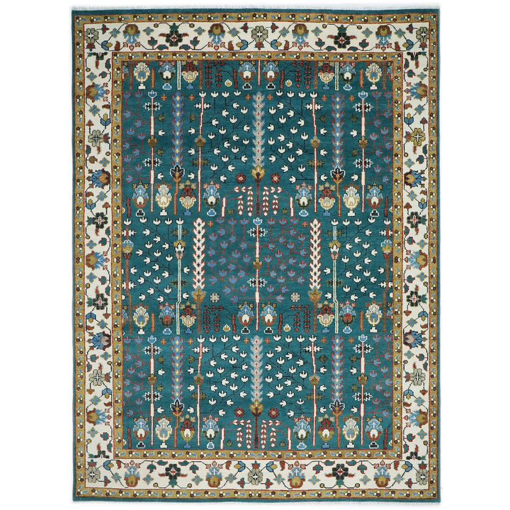 10x14 Teal, Ivory, Gold Color Hand Knotted Oushak Wool Transitional Oriental Rug