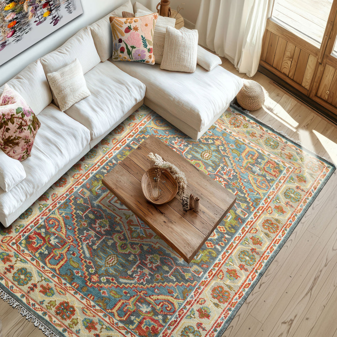 5x8 Gray, Slate, Aqua Color Hand Knotted Oushak Wool Traditional Oriental Rug