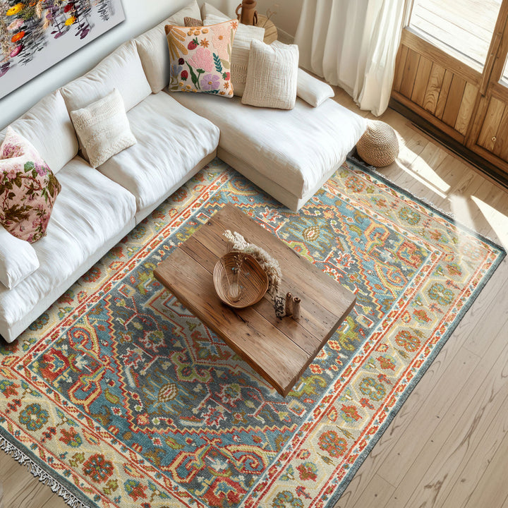 5x8 Gray, Slate, Aqua Color Hand Knotted Oushak Wool Traditional Oriental Rug