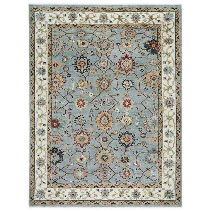 10x14 Blue, Ivory, Gold Color Hand Knotted Oushak Wool Arts and Crafts Oriental Rug