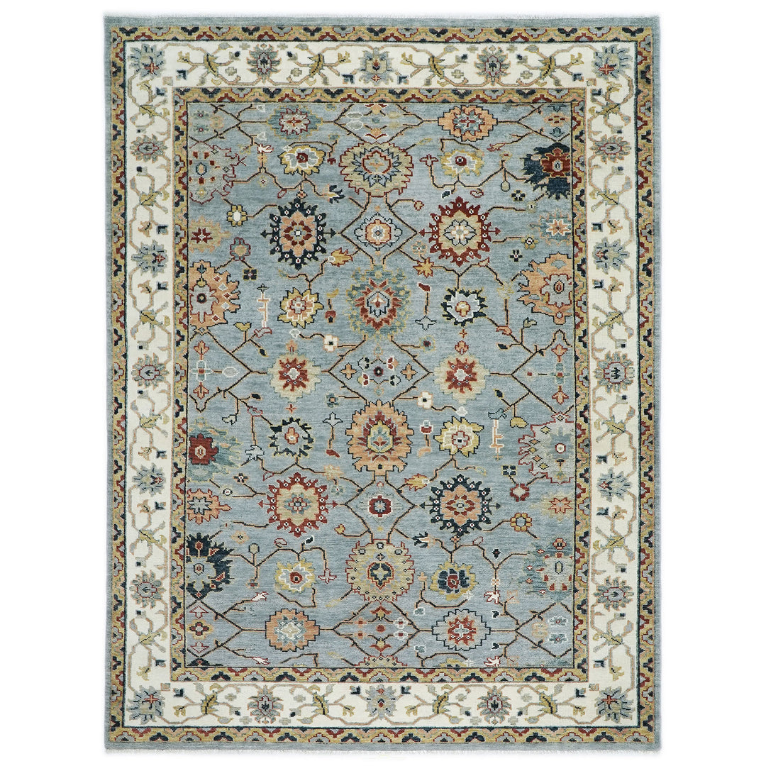 10x14 Blue, Ivory, Gold Color Hand Knotted Oushak Wool  Oriental Rug