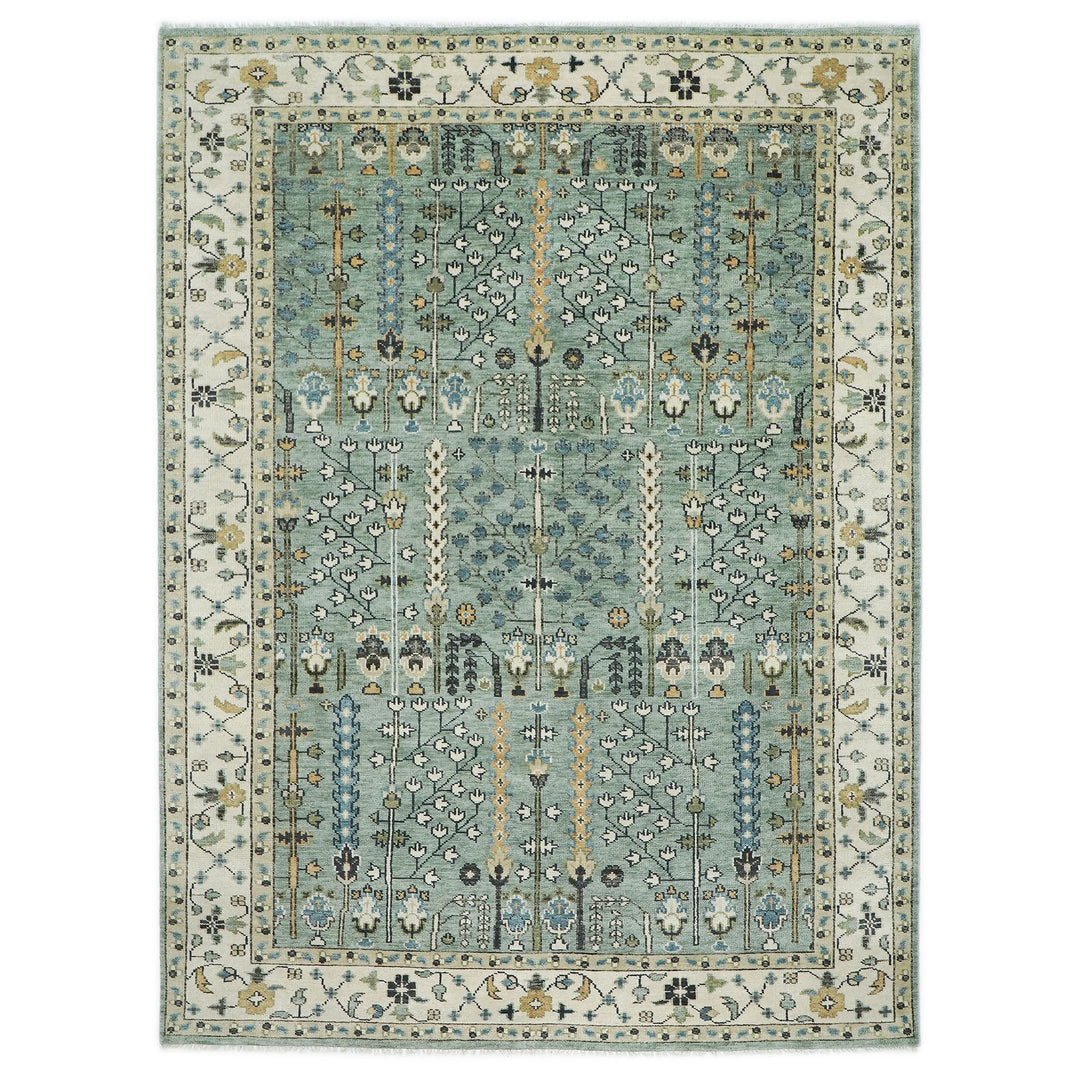 10x14 Aqua, Ivory, Tan Color Hand Knotted Oushak Wool Transitional Oriental Rug