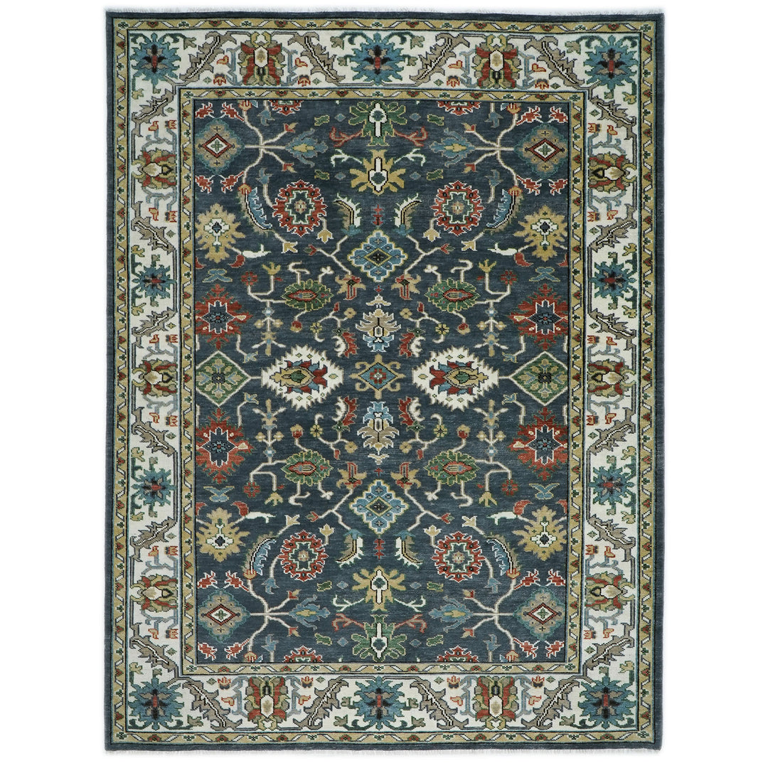 10x14 Dark Blue, Ivory, Green Color Hand Knotted Oushak Wool Arts and Crafts Oriental Rug