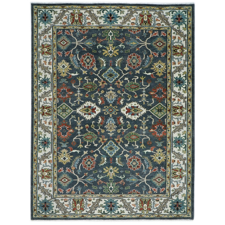 10x14 Dark Blue, Ivory, Green Color Hand Knotted Oushak Wool Arts and Crafts Oriental Rug