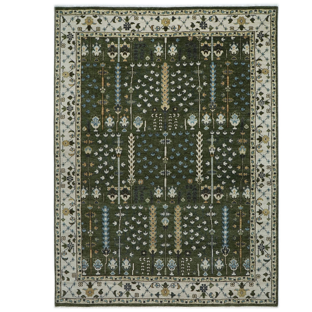10x14 Green, Ivory, Tan Color Hand Knotted Oushak Wool Transitional Oriental Rug