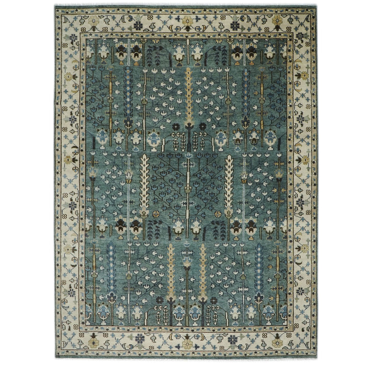 10x14 Celadon, Beige, Brown Color Hand Knotted Oushak Wool Transitional Oriental Rug