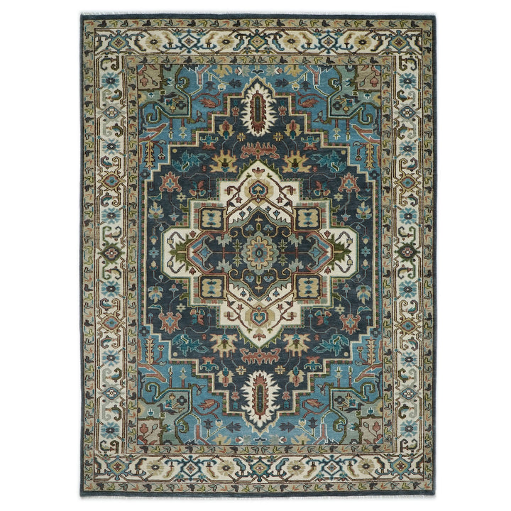 10x14 Blue, Ivory, Beige Color Hand Knotted Oushak Wool  Oriental Rug