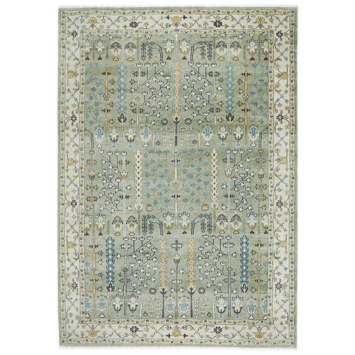 10x14 Mint, Ivory, Blue Color Hand Knotted Oushak Wool Transitional Oriental Rug