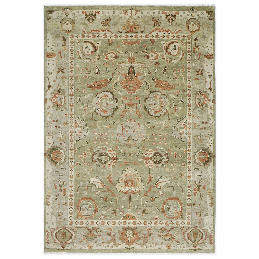 10x14 Green, Peach, Gray Color Hand Knotted Oushak Wool Arts and Crafts Oriental Rug