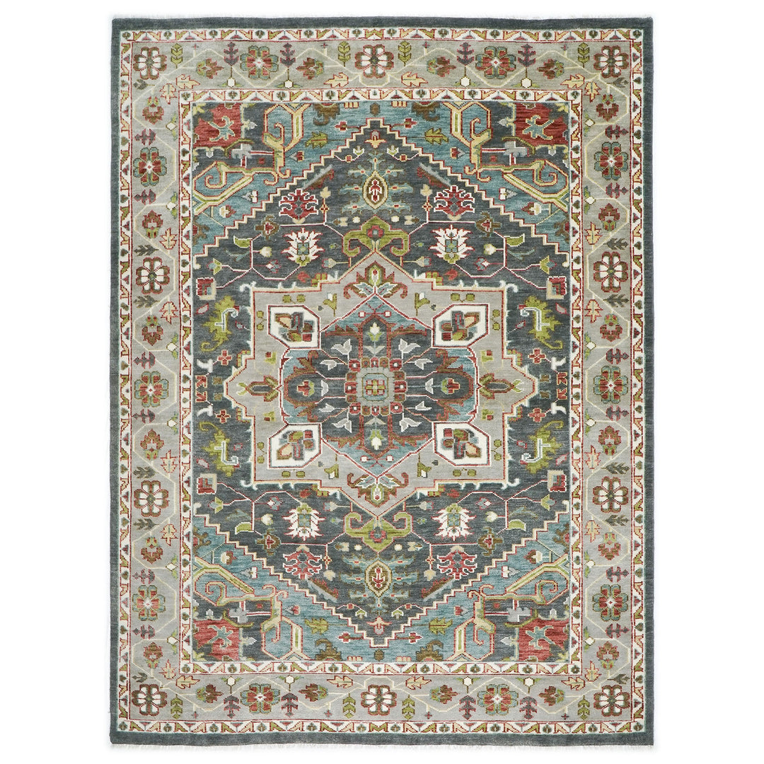 10x14 Slate, Ivory, Lime Color Hand Knotted Oushak Wool  Oriental Rug