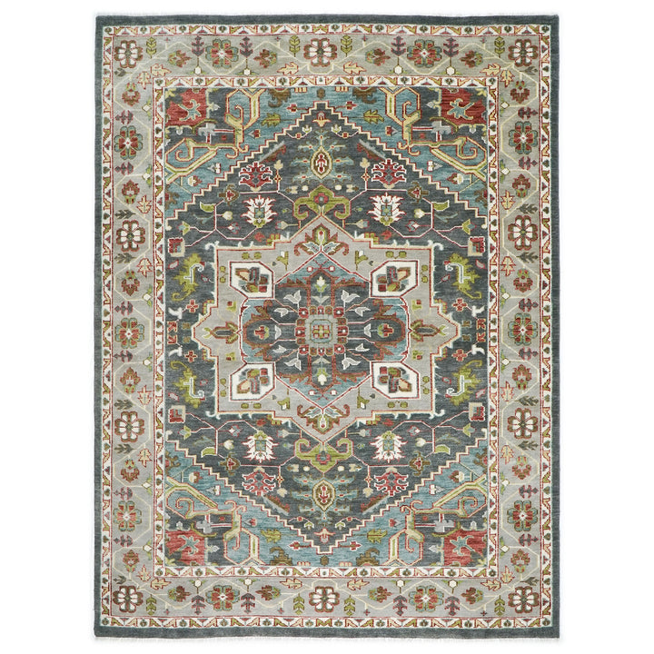 10x14 Slate, Ivory, Lime Color Hand Knotted Oushak Wool  Oriental Rug