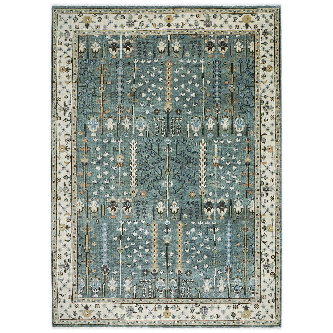 10x14 Celadon, Ivory, Brown Color Hand Knotted Oushak Wool Transitional Oriental Rug