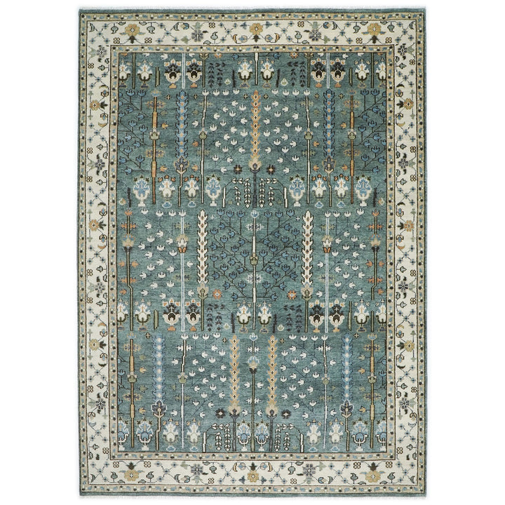 10x14 Celadon, Ivory, Brown Color Hand Knotted Oushak Wool Transitional Oriental Rug
