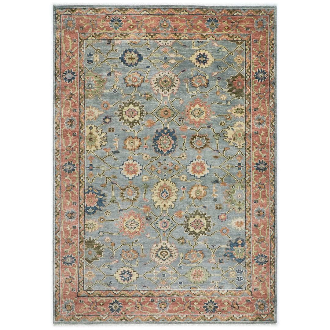 10x14 Blue, Rose, Lime Color Hand Knotted Oushak Wool  Oriental Rug