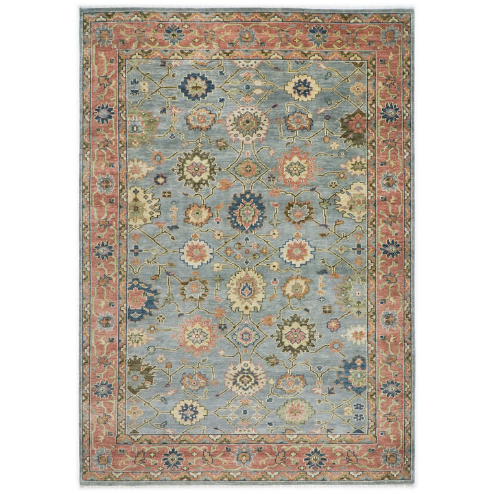 10x14 Blue, Rose, Lime Color Hand Knotted Oushak Wool Arts and Crafts Oriental Rug