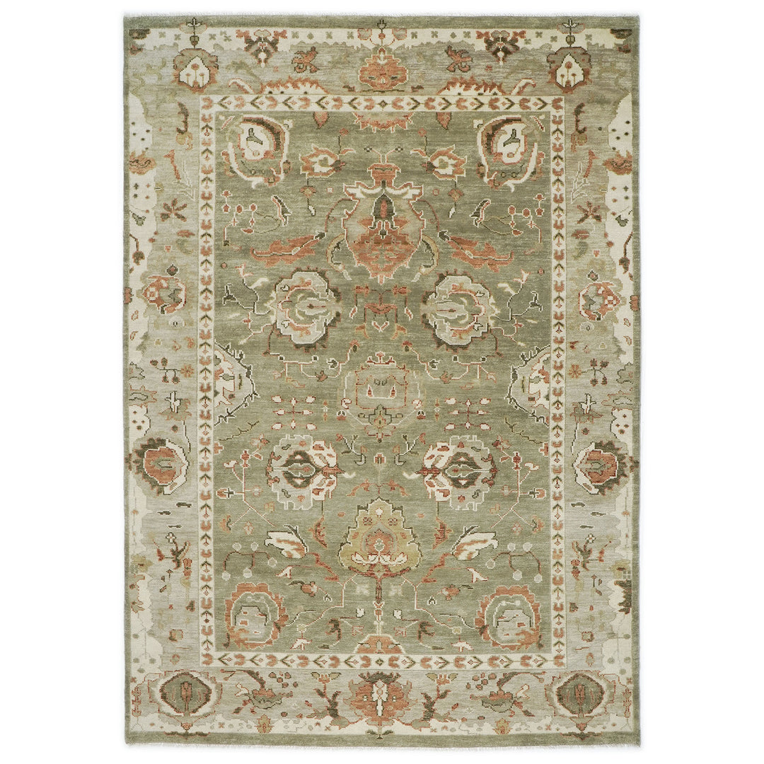 10x14 Green, Beige, peach Color Hand Knotted Oushak Wool Arts and Crafts Oriental Rug