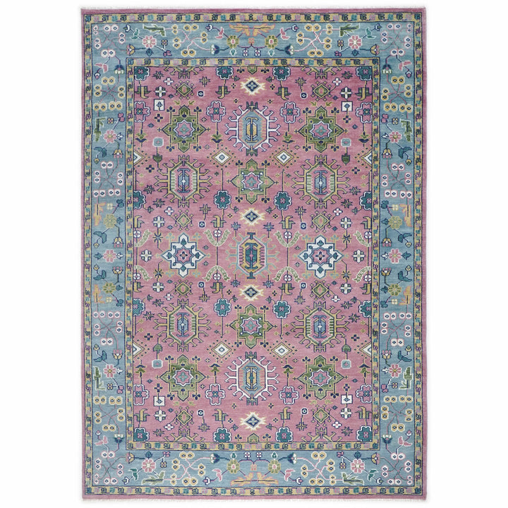 10x14 Pink, Blue, Lime Color Hand Knotted Oushak Wool Transitional Oriental Rug