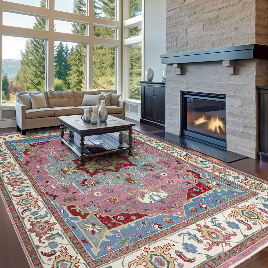 Palace Pink, Ivory, Red Color Hand Knotted Oushak Wool  Oriental Rug