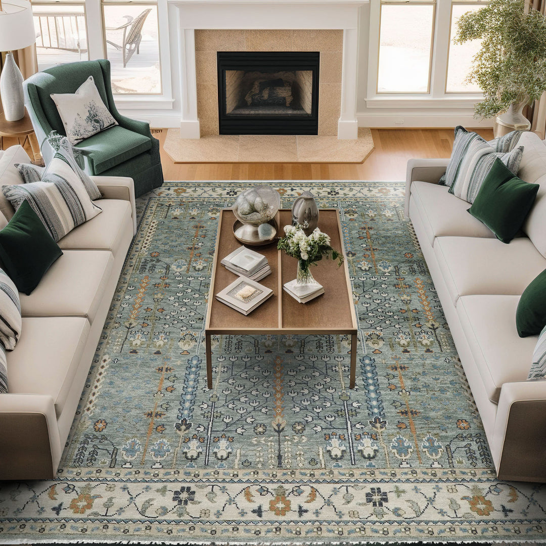 12x15 Celadon, Beige, Green Color Hand Knotted Oushak Wool Transitional Oriental Rug