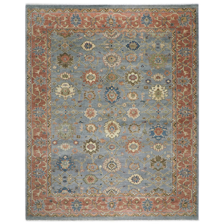 Palace Blue, Burnt Orange, Ivory Color Hand Knotted Oushak Wool  Oriental Rug