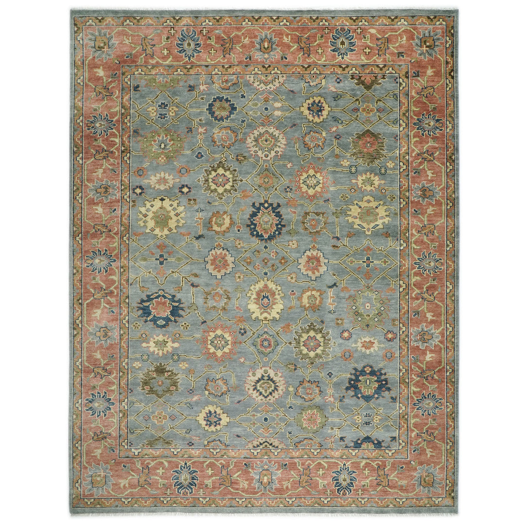 Palace Aqua, Rose, peach Color Hand Knotted Oushak Wool  Oriental Rug