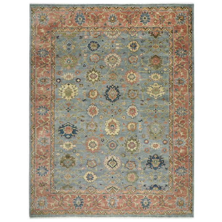 Palace Aqua, Rose, peach Color Hand Knotted Oushak Wool  Oriental Rug